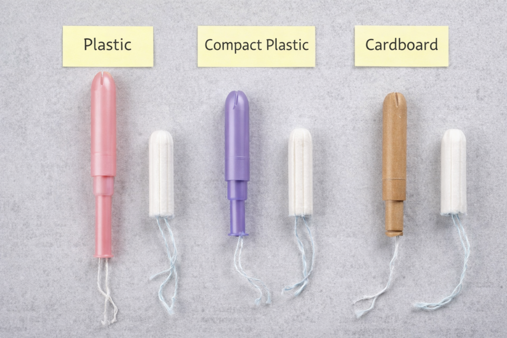 Different tampon applicator types including plastic, compact plastic and cardboard applicators