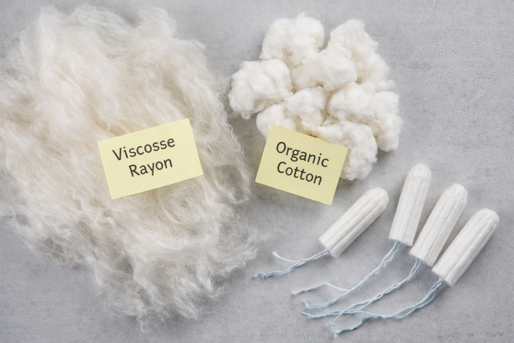 Viscose rayon and organic cotton fiber materials used in tampon manufacturing