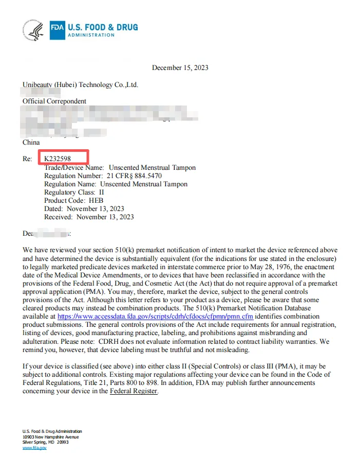 FDA 510(k) clearance letter